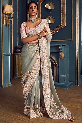 Ice Blue Embroidered Saree Set by Stotram