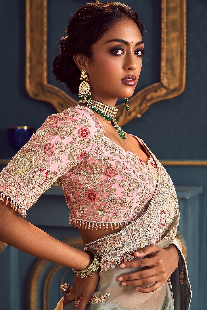 Ice Blue Embroidered Bridal Saree Set by Stotram at Pernia's Pop Up Shop