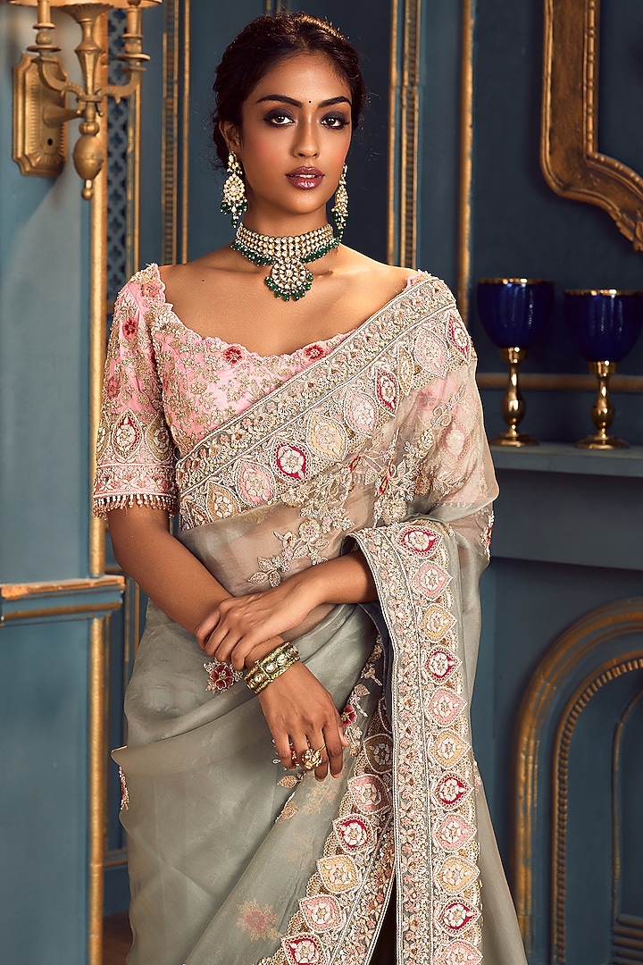 Ice Blue Embroidered Bridal Saree Set by Stotram at Pernia's Pop Up Shop