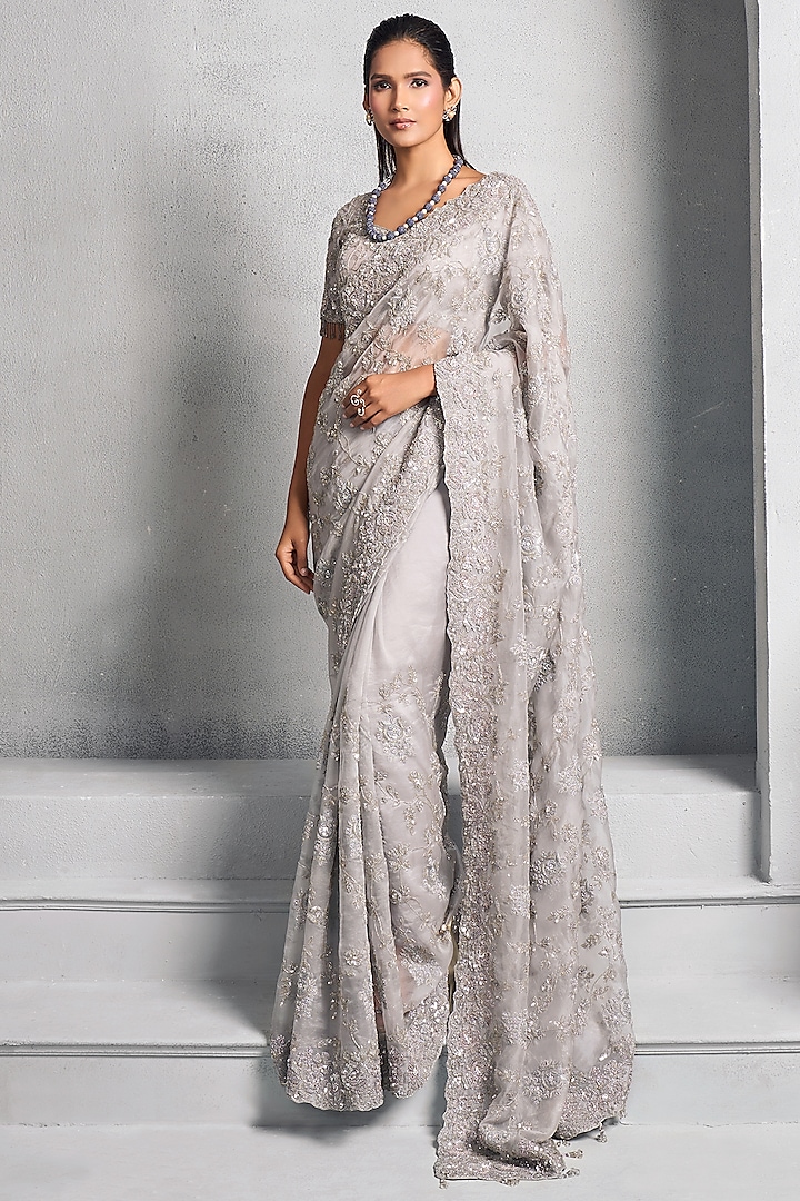 Steel Grey Embroidered Saree Set by Stotram