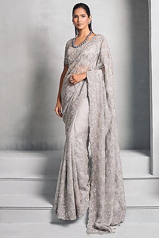 Steel Grey Embroidered Saree Set by Stotram