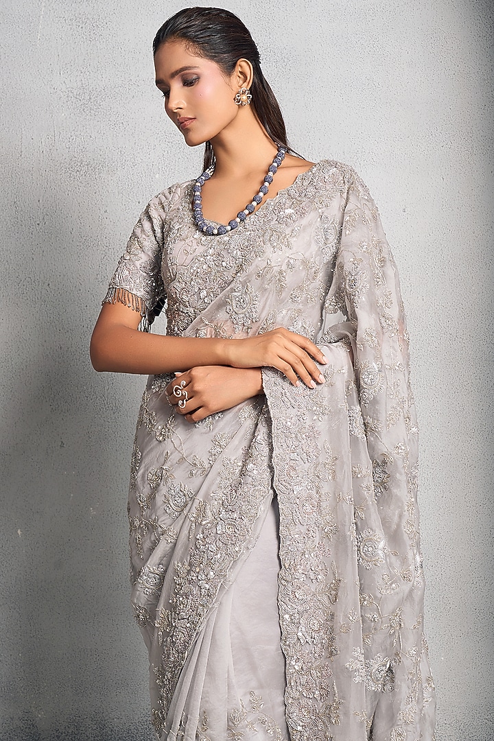 Steel Grey Embroidered Reception Saree Set by Stotram at Pernia's Pop Up Shop