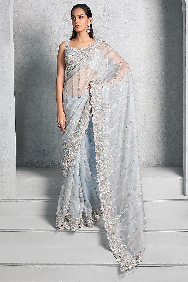 Ice Blue Resham Embroidered Saree Set by Stotram