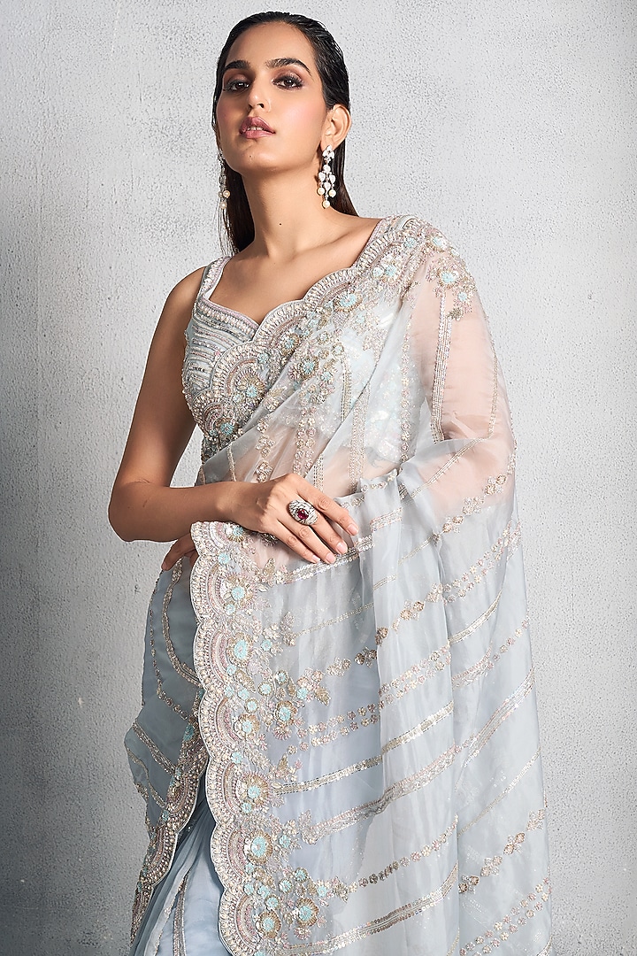 Ice Blue Resham Embroidered Reception Saree Set by Stotram at Pernia's Pop Up Shop