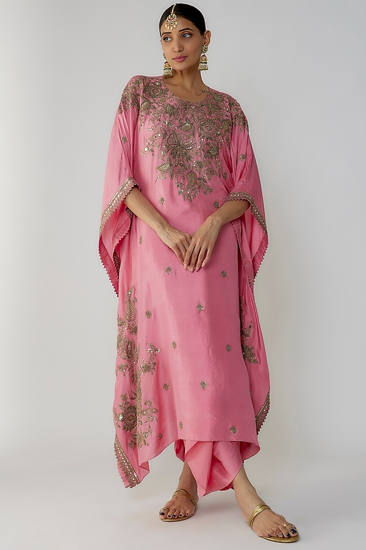 Punchy Pink Pure Silk Hand Embellished Kaftan Set by Stotram at Pernia's Pop Up Shop