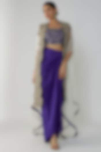 Purple Pure Silk Hand Embellished Draped Skirt Set by Stotram at Pernia's Pop Up Shop