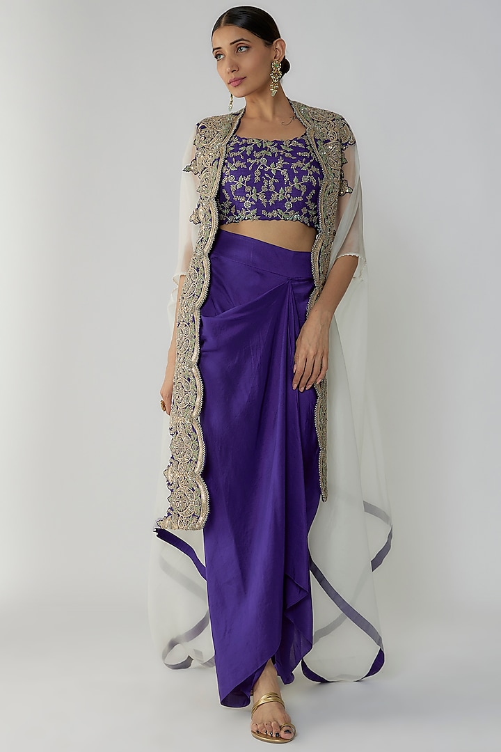 Purple Pure Silk Hand Embellished Draped Skirt Set by Stotram at Pernia's Pop Up Shop