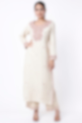 Beige Pearl Hand Embroidered Kurta Set by Stotram