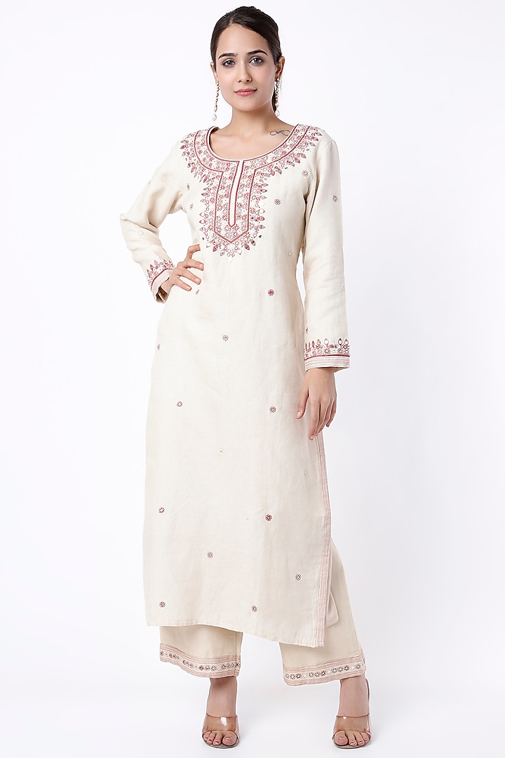 Beige Pearl Hand Embroidered Kurta Set by Stotram