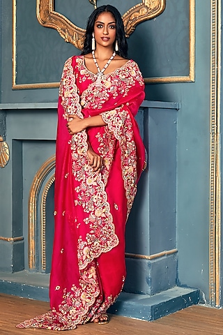 Fuchsia Pink Embellished Saree Set by Stotram