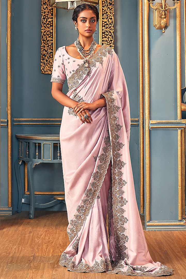 Lilac Hand Embroidered Saree Set by Stotram