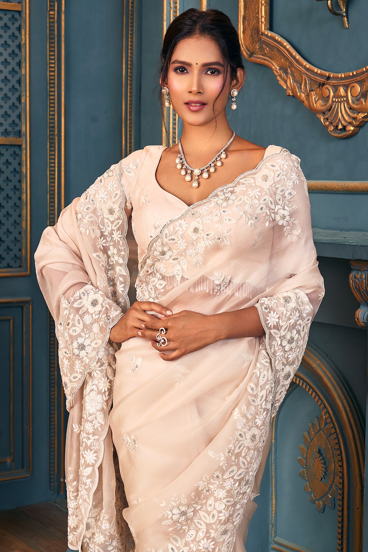 Zynah Cream Colour Pure Organza Silk Saree With Petal Shaped Silver Se –  ZynahDesign