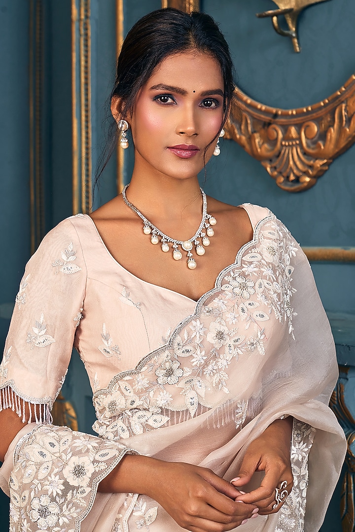 Beige Organza Reception Saree Set by Stotram at Pernia's Pop Up Shop