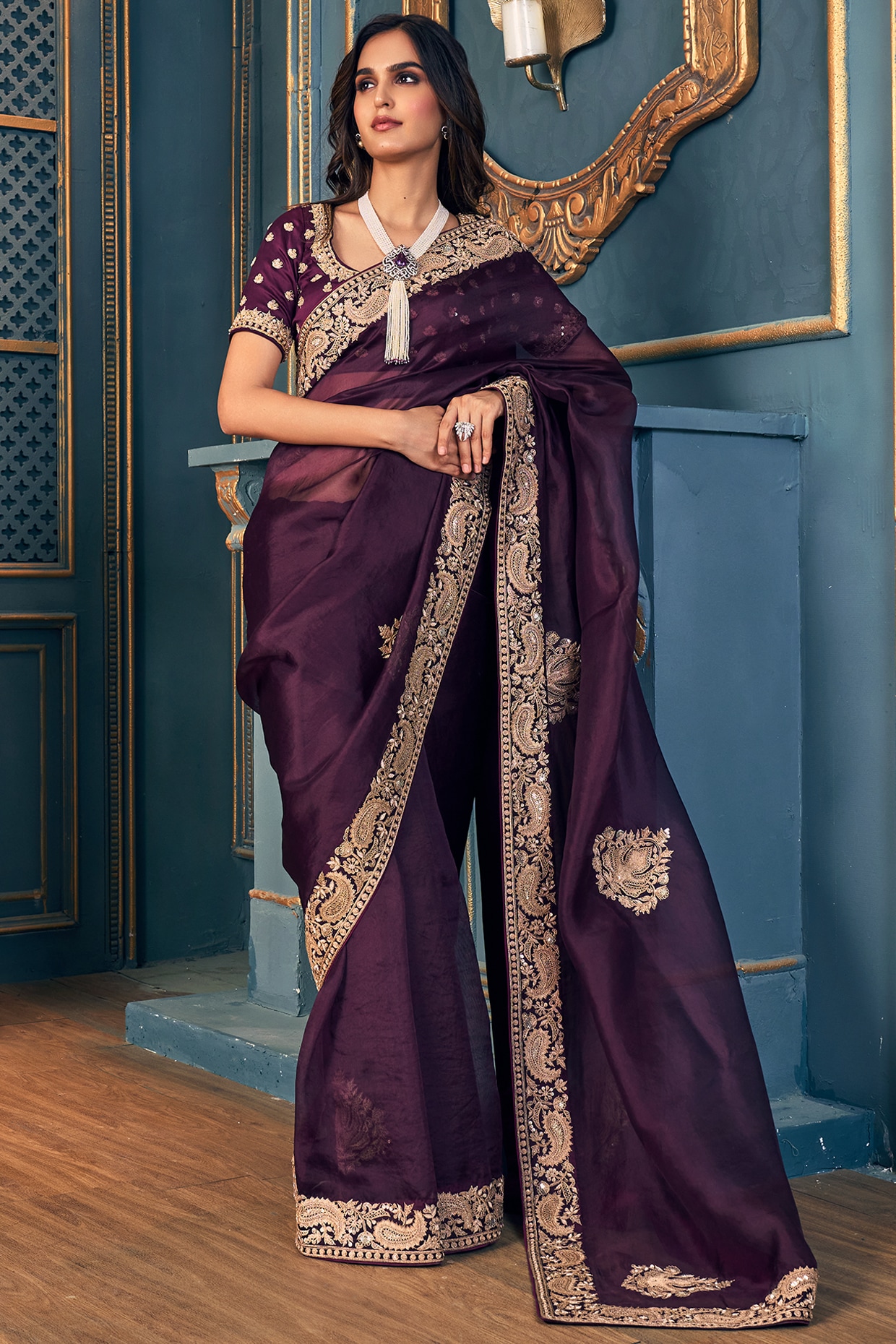 Silk Fabric Wine Color Soothing Border Work Saree