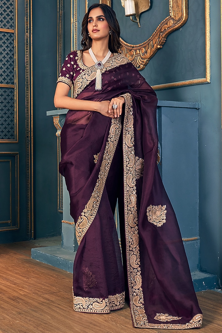Wine Organza Dori Embroidered Reception Saree Set by Stotram at Pernia's Pop Up Shop