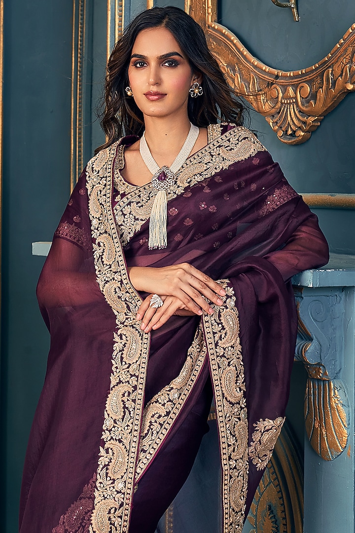 Wine Organza Dori Embroidered Reception Saree Set by Stotram at Pernia's Pop Up Shop