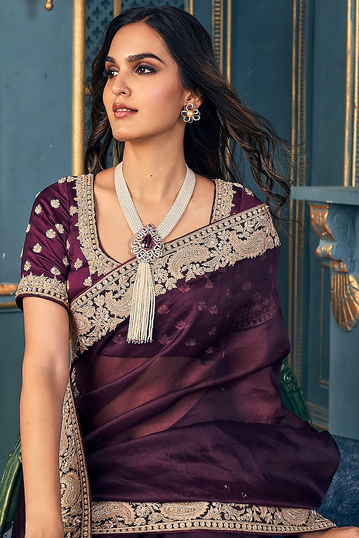 Wine Organza Dori Embroidered Reception Saree Set by Stotram at Pernia's Pop Up Shop