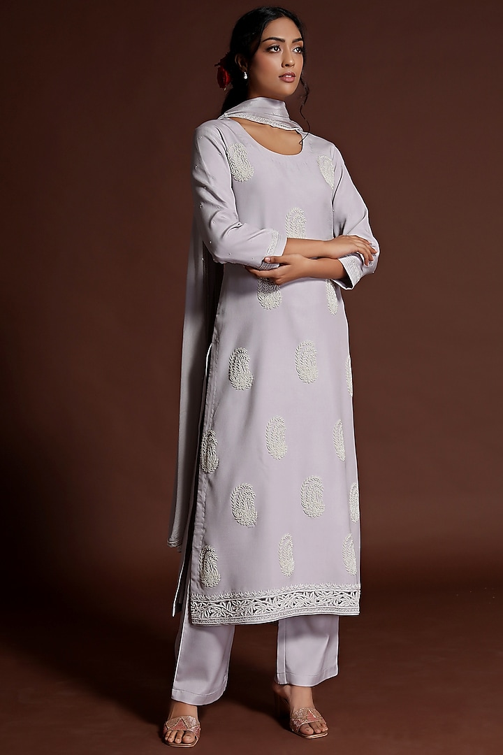 Pale Yellow Embroidered Kurta Set by Stotram