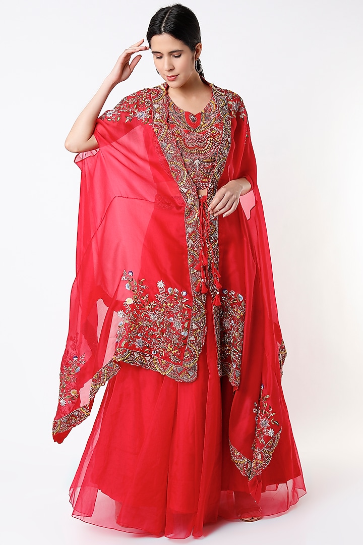 Candy Red Organza Lehenga Set by Stotram