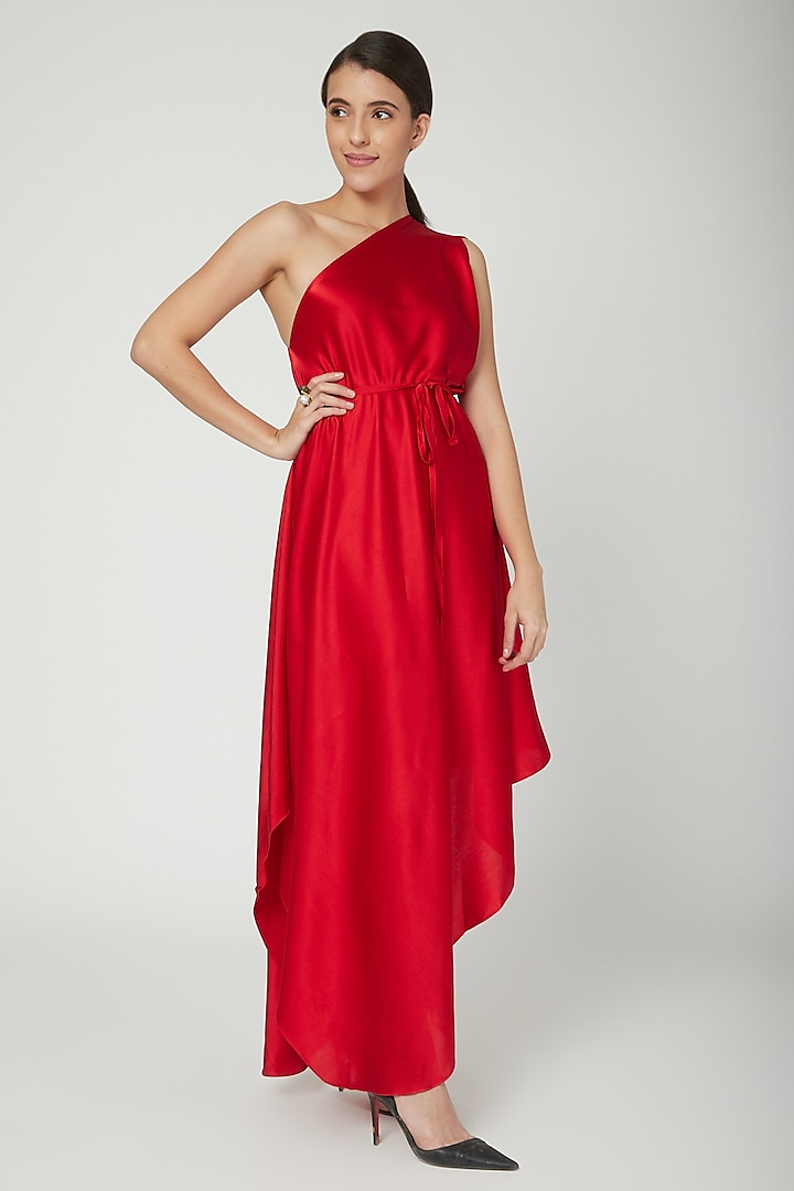 Red One Shoulder Dress With Belt by Stephany