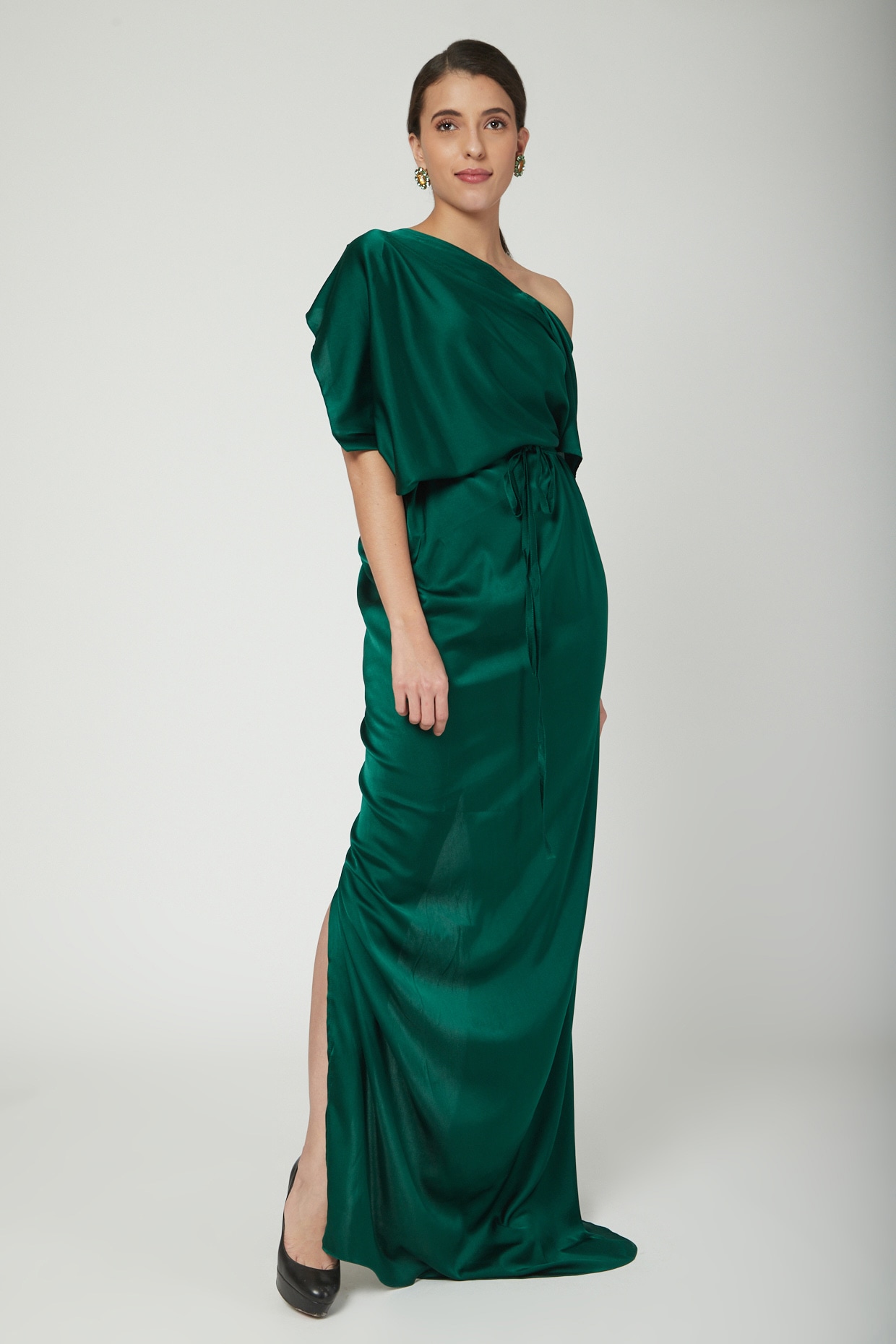 olive green one shoulder dress