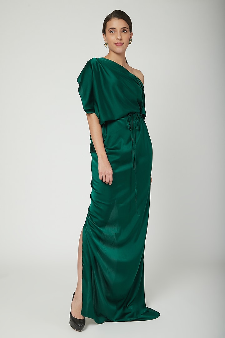 Olive Green One Shoulder Dress With Belt by Stephany
