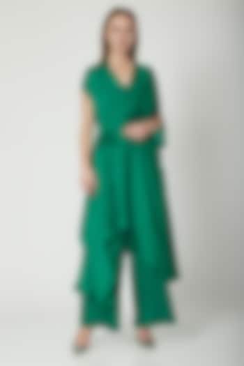 Green Draped Tunic With Trousers & Belt by Stephany