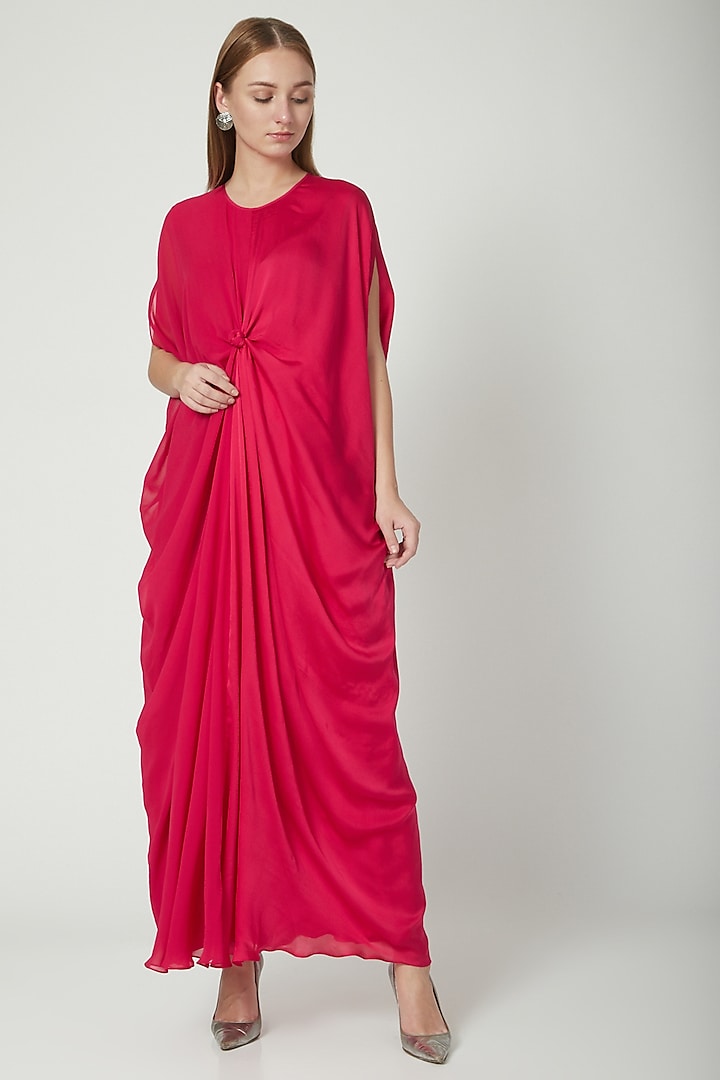 Fuchsia Front Knotted Dress With Attached Slip by Stephany