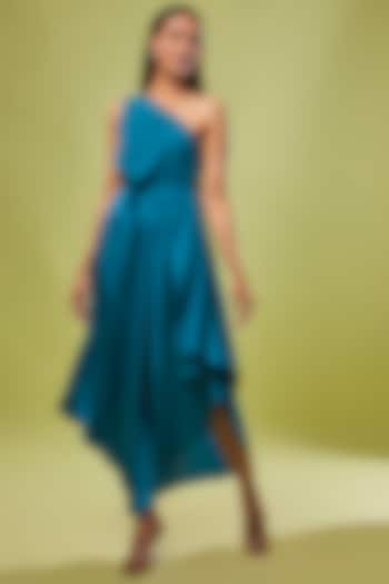 Blue Pure Silk One-Shoulder Dress by STEPHANY at Pernia's Pop Up Shop