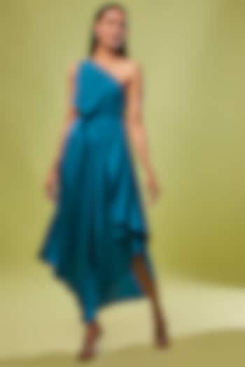 Blue Pure Silk One-Shoulder Dress by STEPHANY