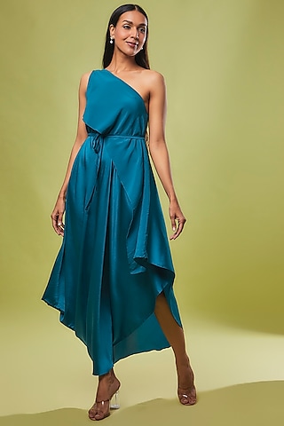 Blue Pure Silk One-Shoulder Dress by STEPHANY