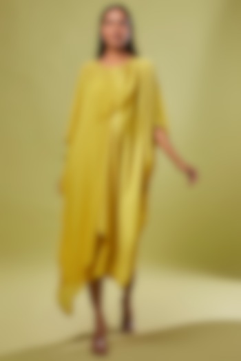 Yellow Pure Silk Midi Dress by STEPHANY