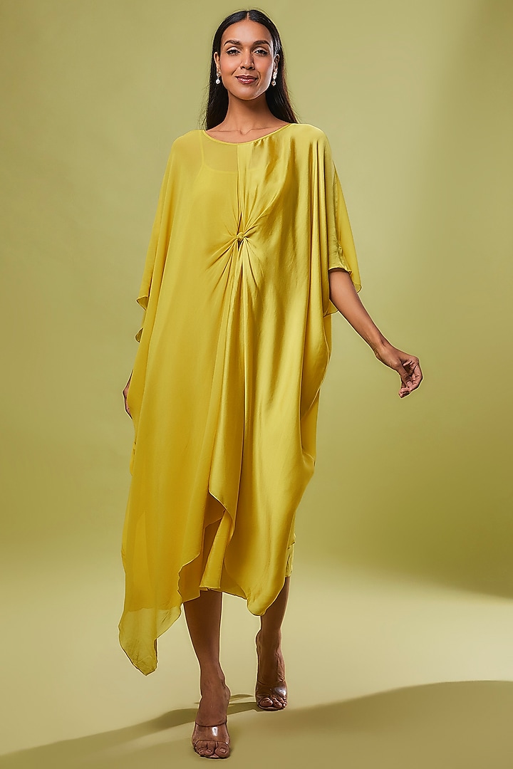 Yellow Pure Silk Midi Dress by STEPHANY