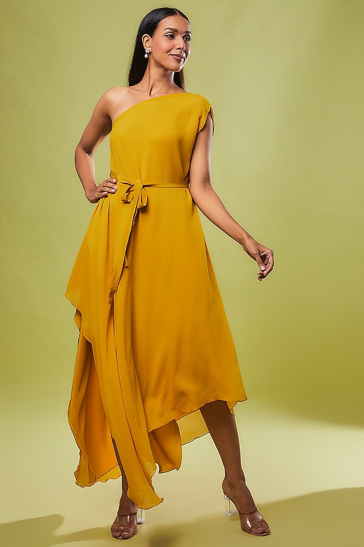 Gold Pure Silk One-Shoulder Dress by STEPHANY