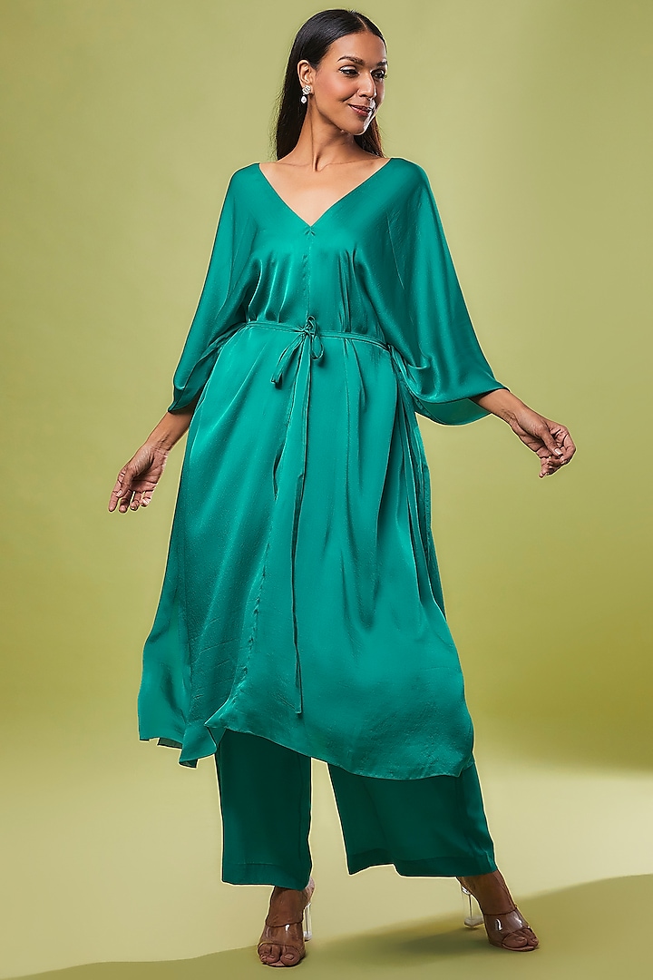 Green Pure Silk Tunic Set by Stephany