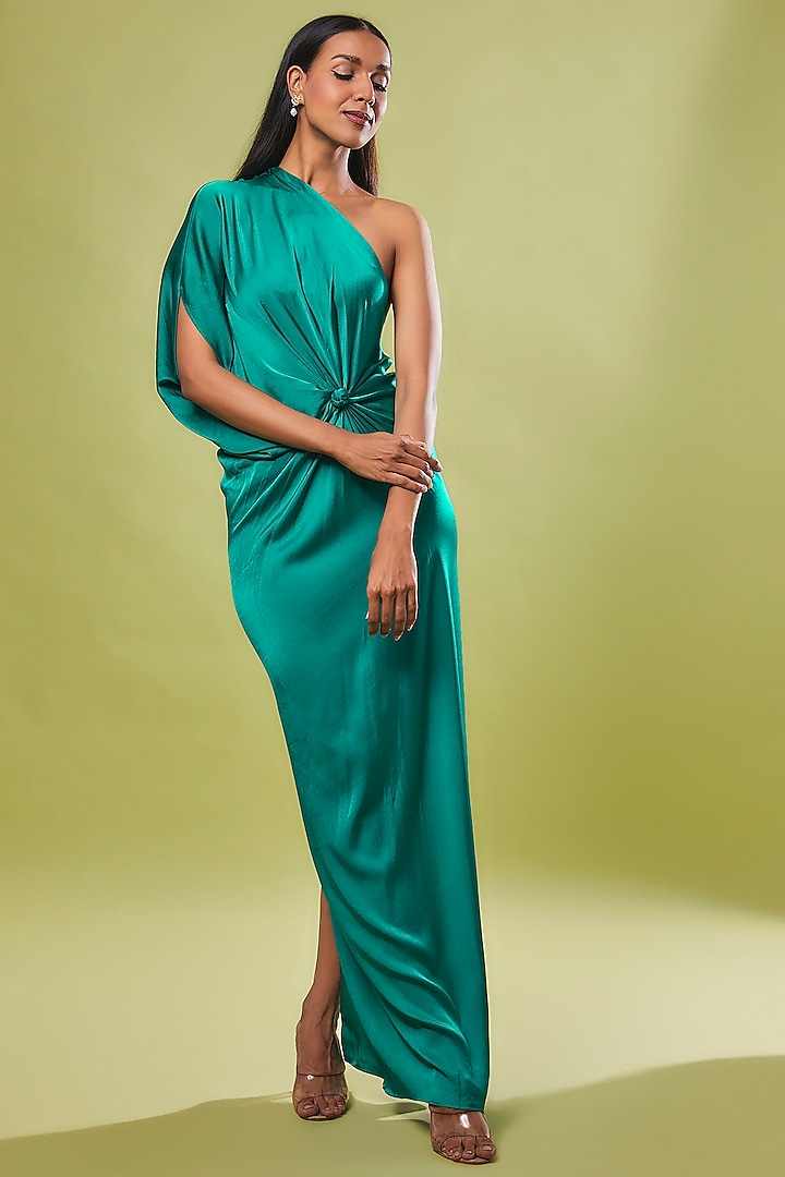 Green Pure Silk One-Shoulder Dress by STEPHANY