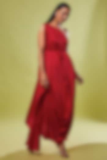 Red Pure Silk One-Shoulder Draped Dress by STEPHANY