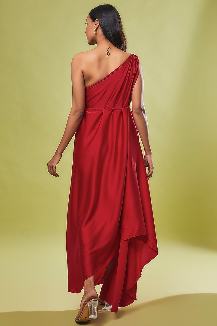 Red Pure Silk One-Shoulder Draped Cocktail Dress by STEPHANY at Pernia's Pop Up Shop