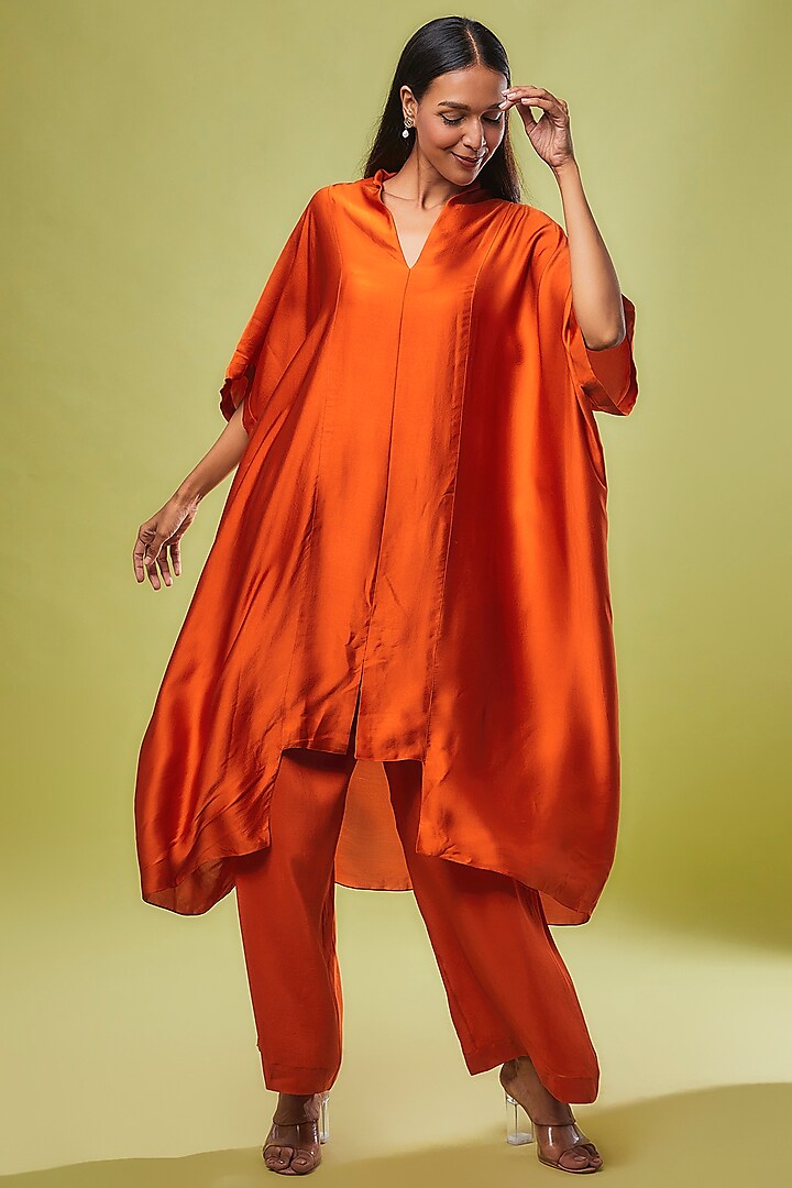 Orange Pure Silk Tunic Set by Stephany