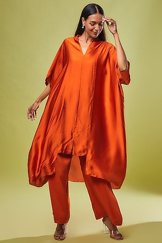 Orange Pure Silk Tunic Set by Stephany