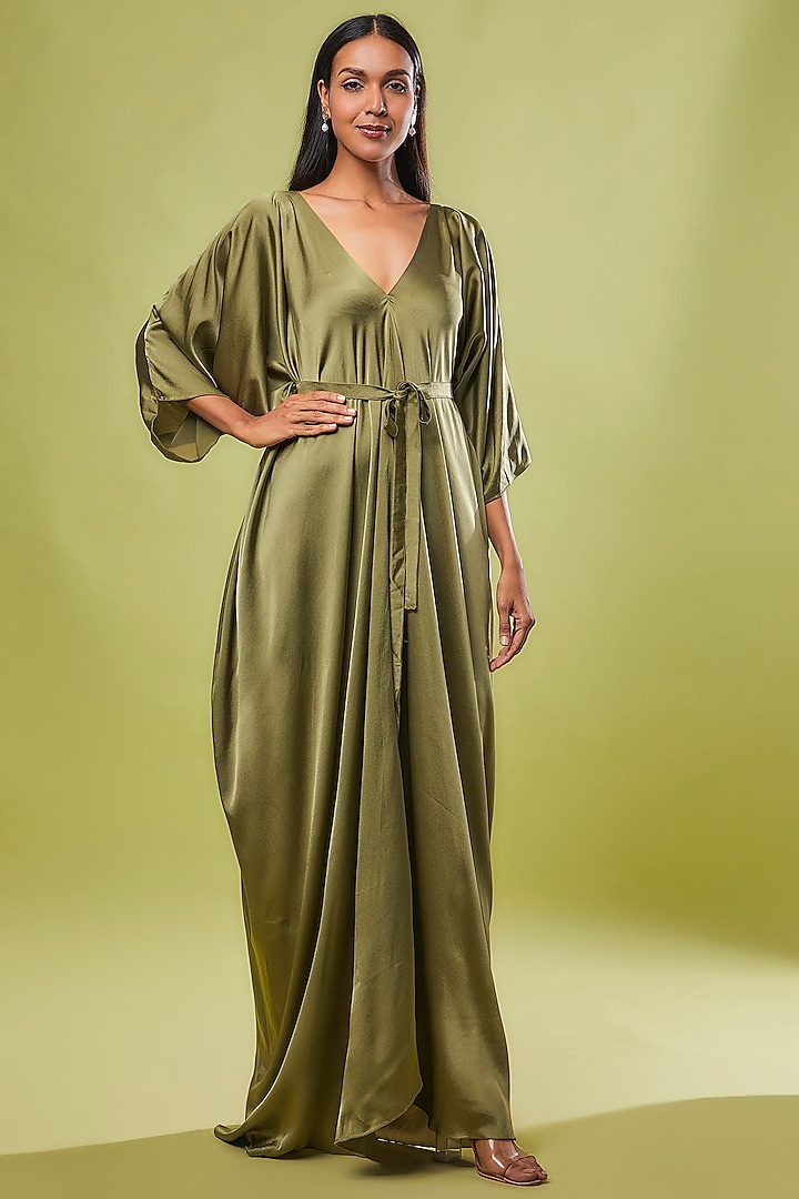 Green Pure Silk Kaftan Vacation Dress by STEPHANY at Pernia's Pop Up Shop