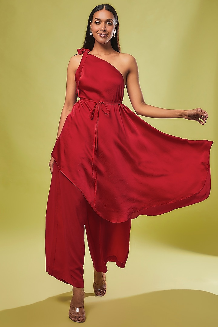 Red Pure Silk Tunic Set by Stephany