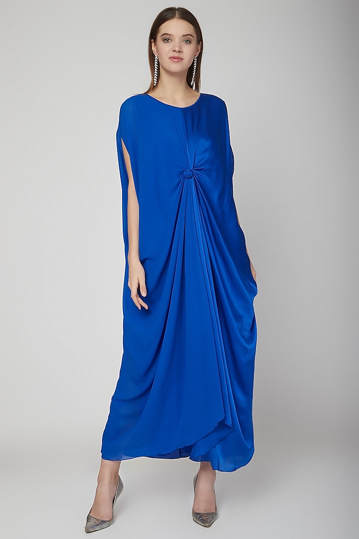 Cobalt Blue Knoted Dress With Attached Slip by Stephany
