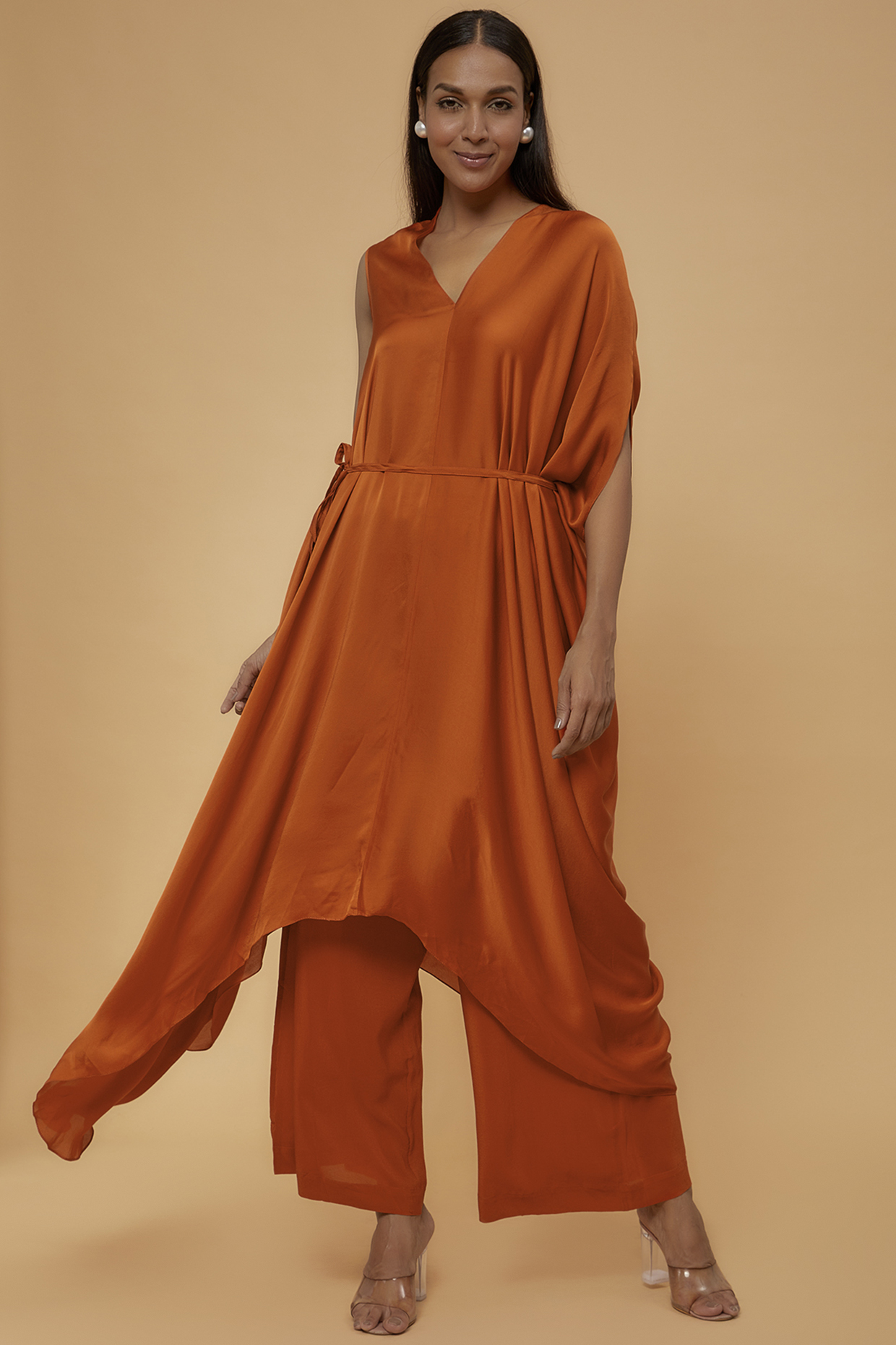 Orange Silk Draped Tunic Set by STEPHANY at Pernia's Pop Up Shop