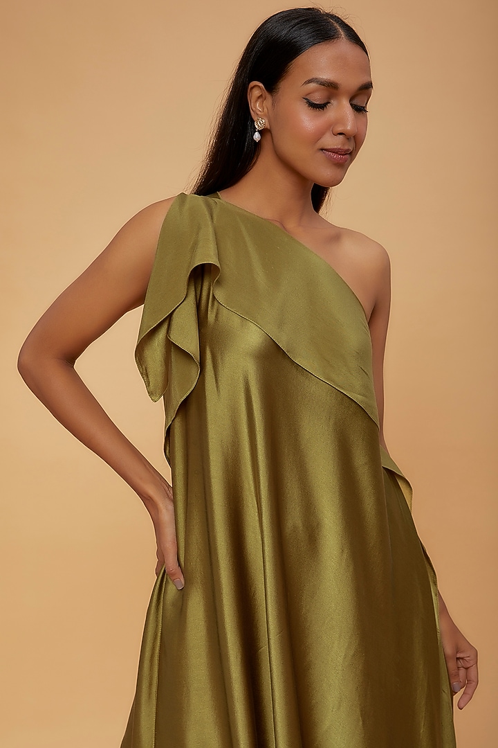 Green Silk One-Shoulder Draped Tunic Set by STEPHANY at Pernia's Pop Up Shop