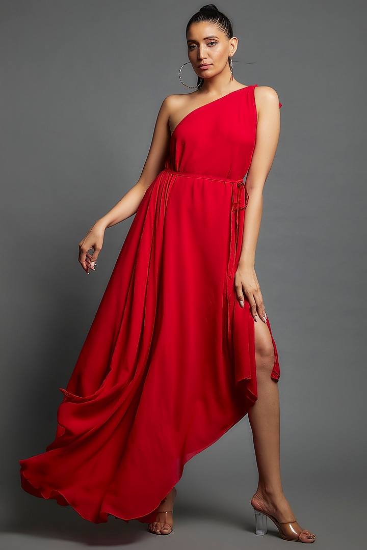 Red Silk One-Shoulder Dress With Belt by Stephany