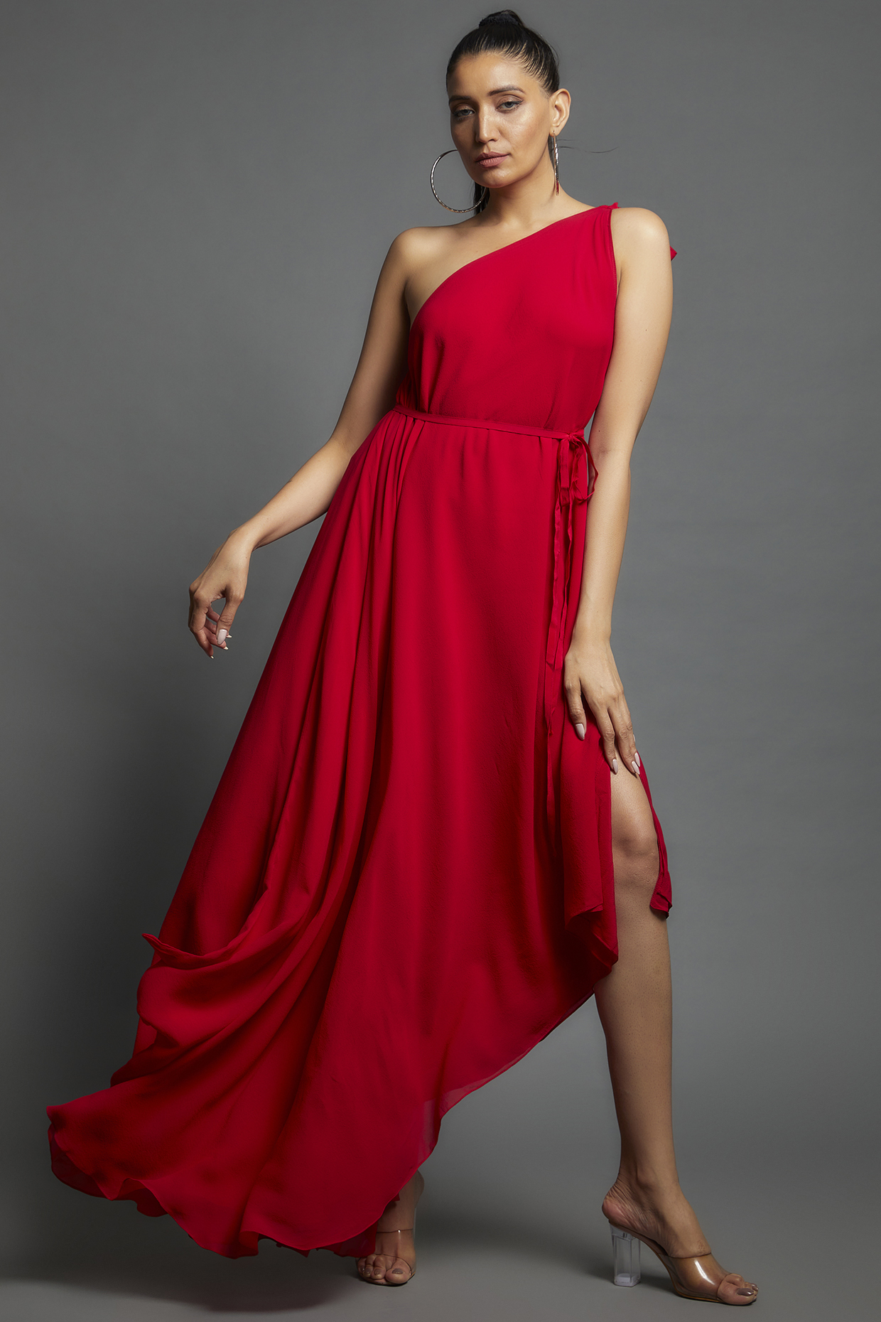 Red Silk One-Shoulder Dress With Belt by Stephany