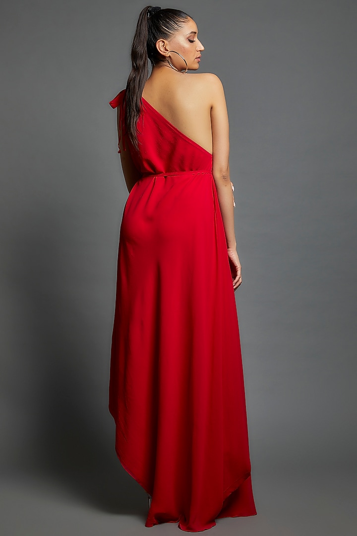 Red Silk One-Shoulder Cocktail Dress With Belt by Stephany at Pernia's Pop Up Shop