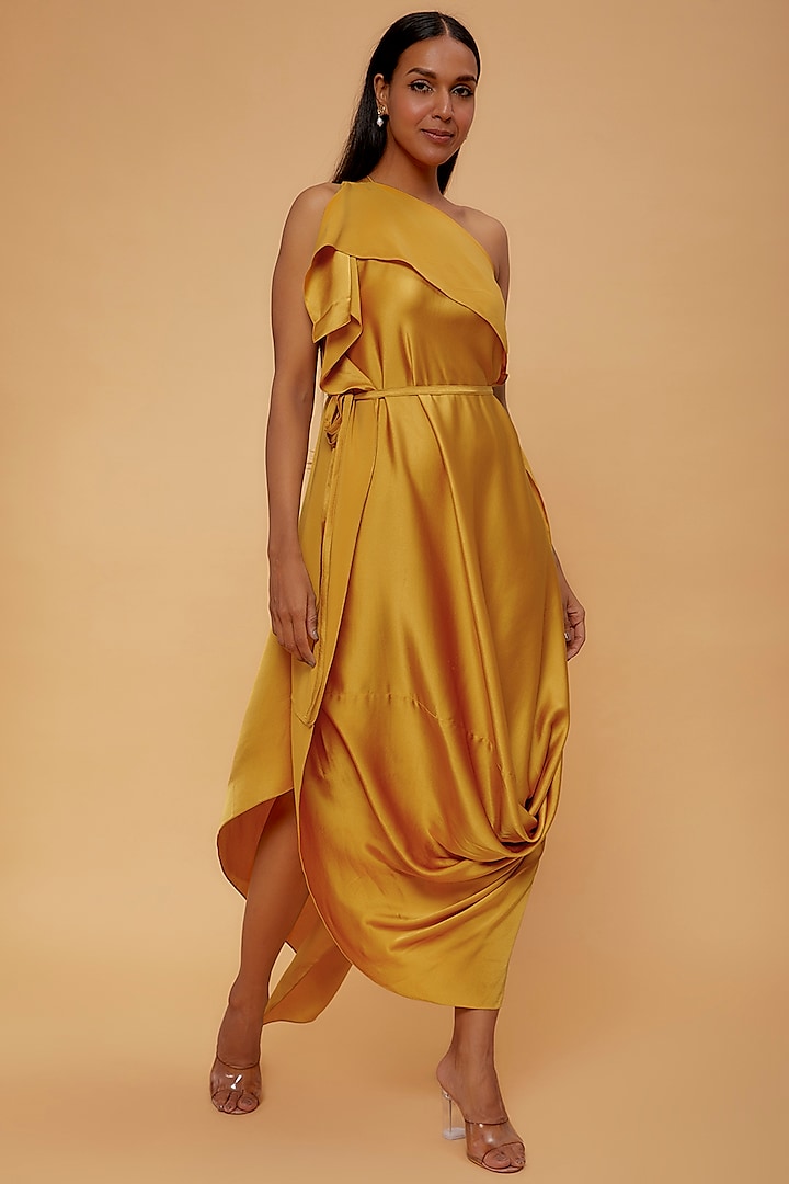 Gold Silk One-Shoulder Draped Dress by STEPHANY