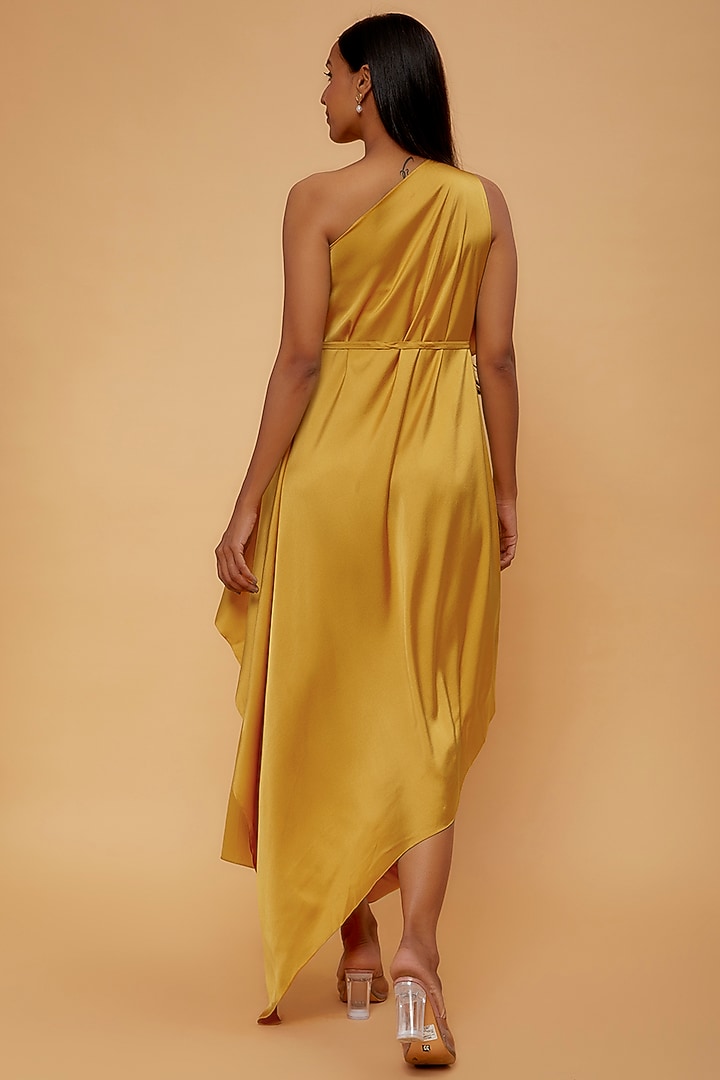 Gold Silk One-Shoulder Draped Vacation Dress by STEPHANY at Pernia's Pop Up Shop